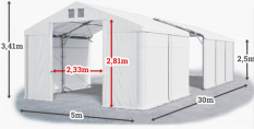 Skladový stan 5x30x2,5m strecha PVC 560g/m2 boky PVC 500g/m2 konštrukcia POLÁRNA PLUS
