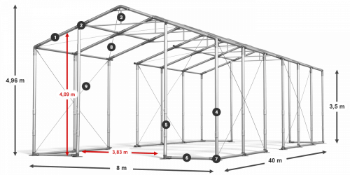 Párty stan 8x40x3,5m strecha PVC 580g/m2 boky PVC 500g/m2 konštrukcia ZIMA PLUS