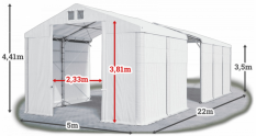 Skladový stan 5x22x3,5m střecha PVC 560g/m2 boky PVC 500g/m2 konstrukce POLÁRNÍ