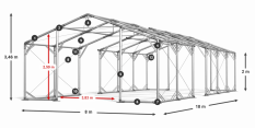 Skladový stan 8x18x2m střecha PVC 620g/m2 boky PVC 620g/m2 konstrukce POLÁRNÍ PLUS