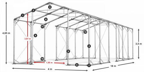 Skladový stan 4x18x3,5m střecha PVC 580g/m2 boky PVC 500g/m2 konstrukce POLÁRNÍ