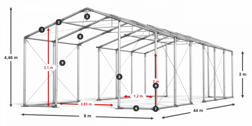 Skladový stan celoroční 8x44x3m nehořlavá plachta PVC 600g/m2 konstrukce ZIMA PLUS