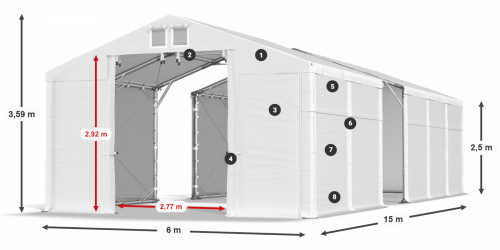 Skladový stan 6x15x2,5m střecha PVC 620g/m2 boky PVC 620g/m2 konstrukce POLÁRNÍ PLUS
