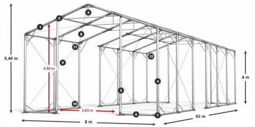 Skladový stan 8x50x4m střecha PVC 580g/m2 boky PVC 500g/m2 konstrukce POLÁRNÍ