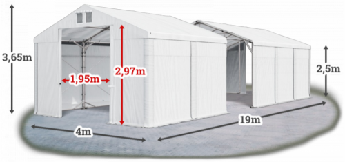 Skladový stan 4x19x2,5m strecha PVC 580g/m2 boky PVC 500g/m2 konštrukcia POLÁRNA PLUS