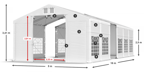 Párty stan 5x16x2,5m střecha PVC 620g/m2 boky PVC 620g/m2 konstrukce ZIMA PLUS