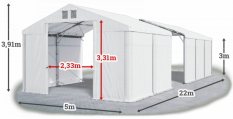 Skladový stan 5x22x3m střecha PVC 620g/m2 boky PVC 620g/m2 konstrukce POLÁRNÍ