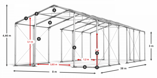 Skladový stan celoroční 8x38x3m nehořlavá plachta PVC 600g/m2 konstrukce ZIMA PLUS