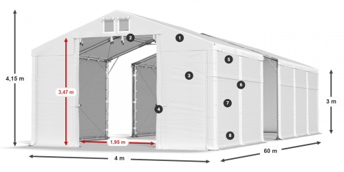 Skladový stan 4x60x3m střecha PVC 620g/m2 boky PVC 620g/m2 konstrukce POLÁRNÍ