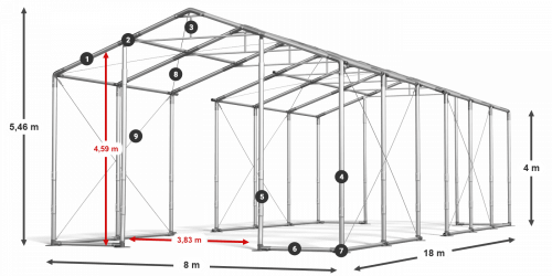 Skladový stan 8x18x4m střecha PVC 620g/m2 boky PVC 620g/m2 konstrukce ZIMA PLUS