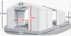 Skladový stan 5x40x2,5m střecha PVC 560g/m2 boky PVC 500g/m2 konstrukce ZIMA PLUS