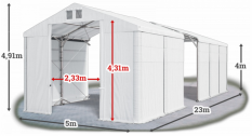 Skladový stan 5x23x4m strecha PVC 580g/m2 boky PVC 500g/m2 konštrukcia POLÁRNA PLUS