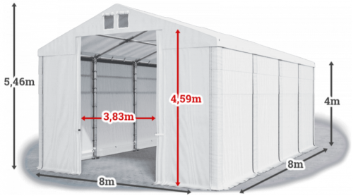 Garážový stan 8x8x4m střecha PVC 560g/m2 boky PVC 500g/m2 konstrukce ZIMA - Barva střešní plachty: Bílá, Barva boční plachty: Šedá, Barva svislých pruhů: Šedá