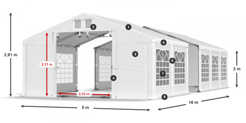 Párty stan 5x16x2m střecha PVC 620g/m2 boky PVC 620g/m2 konstrukce LÉTO PLUS