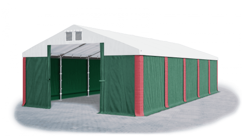 Garážový stan 4x8x2m střecha PVC 560g/m2 boky PVC 500g/m2 konstrukce ZIMA - Barva střešní plachty: Bílá, Barva boční plachty: Zelená, Barva svislých pruhů: Červená