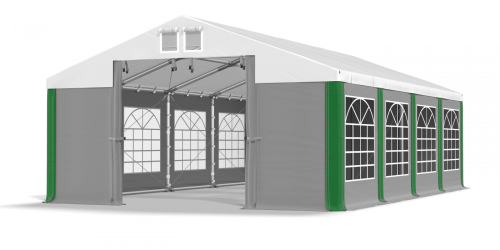 Párty stan 4x10x2,5m střecha PVC 580g/m2 boky PVC 500g/m2 konstrukce ZIMA PLUS - Barva střešní plachty: Bílá, Barva boční plachty: Šedá, Barva svislých pruhů: Zelená