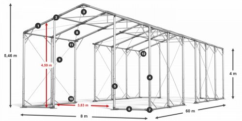 Skladový stan 8x60x4m strecha PVC 620g/m2 boky PVC 620g/m2 konštrukcia POLÁRNA