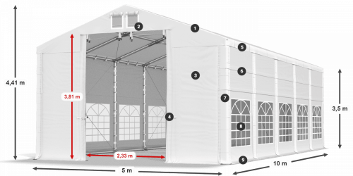 Párty stan 5x10x3,5m střecha PVC 620g/m2 boky PVC 620g/m2 konstrukce ZIMA PLUS