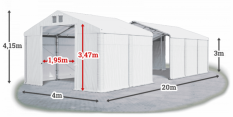Skladový stan 4x20x3m strecha PVC 560g/m2 boky PVC 500g/m2 konštrukcie ZIMA PLUS