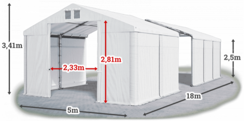 Skladový stan 5x18x2,5m střecha PVC 620g/m2 boky PVC 620g/m2 konstrukce ZIMA