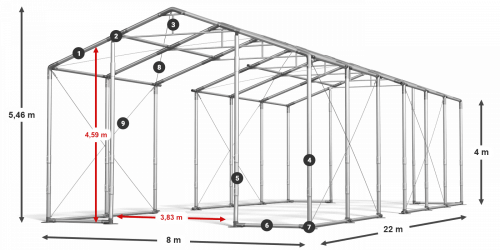 Skladový stan 8x22x4m strecha PVC 620g/m2 boky PVC 620g/m2 konštrukcia ZIMA PLUS