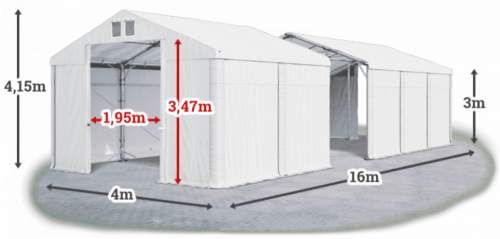 Skladový stan 4x16x3m střecha PVC 560g/m2 boky PVC 500g/m2 konstrukce POLÁRNÍ
