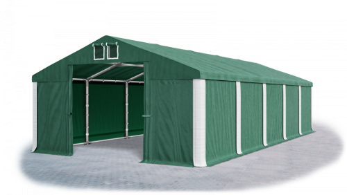 Garážový stan 4x8x2,5m střecha PVC 560g/m2 boky PVC 500g/m2 konstrukce ZIMA - Barva střešní plachty: Zelená, Barva boční plachty: Zelená, Barva svislých pruhů: Bílá