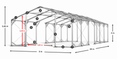 Skladový stan 8x20x2m strecha PVC 620g/m2 boky PVC 620g/m2 konštrukcia POLÁRNA PLUS