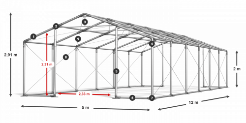 Párty stan 5x12x2m střecha PVC 560g/m2 boky PVC 500g/m2 konstrukce ZIMA PLUS