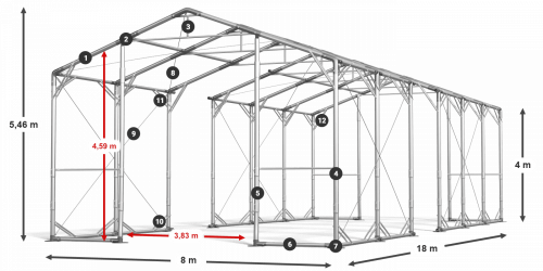 Skladový stan 8x18x4m strecha PVC 620g/m2 boky PVC 620g/m2 konštrukcia POLÁRNA PLUS
