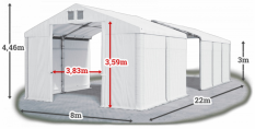 Skladový stan 8x22x3m střecha PVC 620g/m2 boky PVC 620g/m2 konstrukce ZIMA