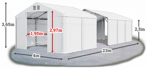 Skladový stan 4x23x2,5m strecha PVC 580g/m2 boky PVC 500g/m2 konštrukcia POLÁRNA PLUS
