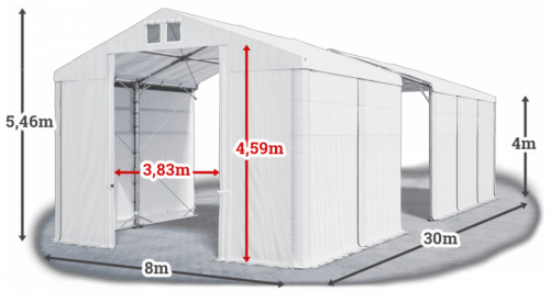 Skladový stan 8x30x4m strecha PVC 560g/m2 boky PVC 500g/m2 konštrukcia POLÁRNA