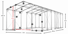 Skladový stan 5x50x4m střecha PVC 580g/m2 boky PVC 500g/m2 konstrukce POLÁRNÍ