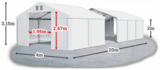 Skladový stan 4x20x2m střecha PVC 620g/m2 boky PVC 620g/m2 konstrukce POLÁRNÍ
