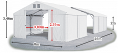 Skladový stan 8x26x2m strecha PVC 560g/m2 boky PVC 500g/m2 konštrukcia POLÁRNA PLUS