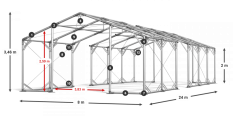 Skladový stan 8x24x2m střecha PVC 620g/m2 boky PVC 620g/m2 konstrukce POLÁRNÍ PLUS