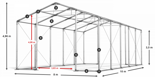 Párty stan 8x10x3,5m střecha PVC 560g/m2 boky PVC 500g/m2 konstrukce ZIMA PLUS