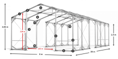 Skladový stan 8x28x2,5m střecha PVC 620g/m2 boky PVC 620g/m2 konstrukce POLÁRNÍ PLUS