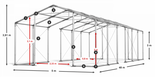 Skladový stan celoroční 5x48x3m nehořlavá plachta PVC 600g/m2 konstrukce ZIMA PLUS