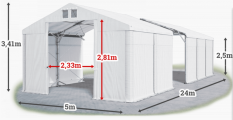 Skladový stan 5x24x2,5m strecha PVC 560g/m2 boky PVC 500g/m2 konštrukcia POLÁRNA PLUS