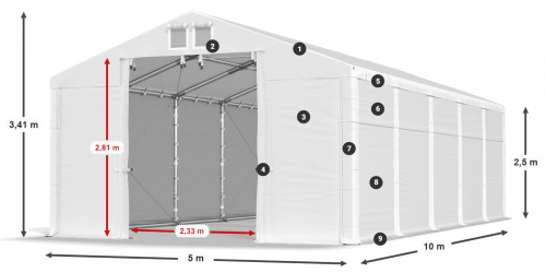 Skladový stan 5x10x2,5m střecha PVC 620g/m2 boky PVC 620g/m2 konstrukce ZIMA PLUS