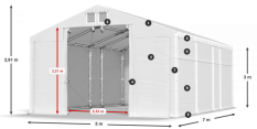 Skladový stan 5x7x3m střecha PVC 620g/m2 boky PVC 620g/m2 konstrukce POLÁRNÍ