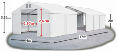 Skladový stan 4x17x2m střecha PVC 580g/m2 boky PVC 500g/m2 konstrukce POLÁRNÍ