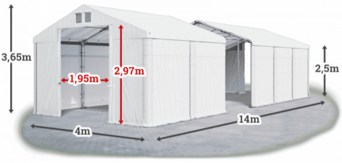 Skladový stan 4x14x2,5m střecha PVC 620g/m2 boky PVC 620g/m2 konstrukce ZIMA