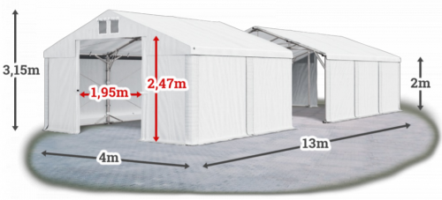 Skladový stan 4x13x2m strecha PVC 580g/m2 boky PVC 500g/m2 konštrukcia POLÁRNA PLUS