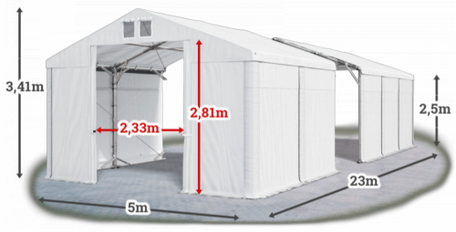 Skladový stan 5x23x2,5m střecha PVC 580g/m2 boky PVC 500g/m2 konstrukce POLÁRNÍ PLUS