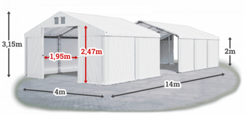 Skladový stan 4x14x2m střecha PVC 560g/m2 boky PVC 500g/m2 konstrukce ZIMA