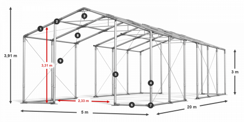 Párty stan 5x20x3m střecha PVC 560g/m2 boky PVC 500g/m2 konstrukce ZIMA PLUS