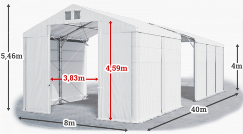 Skladový stan 8x40x4m střecha PVC 560g/m2 boky PVC 500g/m2 konstrukce POLÁRNÍ PLUS